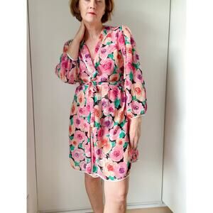 Womens Floral Print Satin Robe Size Medium Short Semi Sheer Bourdoir Photo